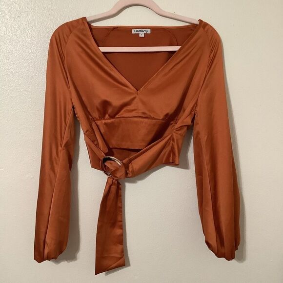 Lilicherry Pumpkin Orange Whimsigoth Romantic Satin Disco Peasant Blouse Small - Picture 1 of 14